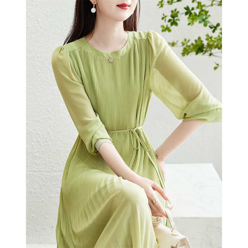Dme [Waving Sleeve to Capture Fairy Dust] Spring And Autumn Round Neck Pleated Puff Sleeve Waist-Cinching Tie A-Line Dress for Women, Mid-Length Style
