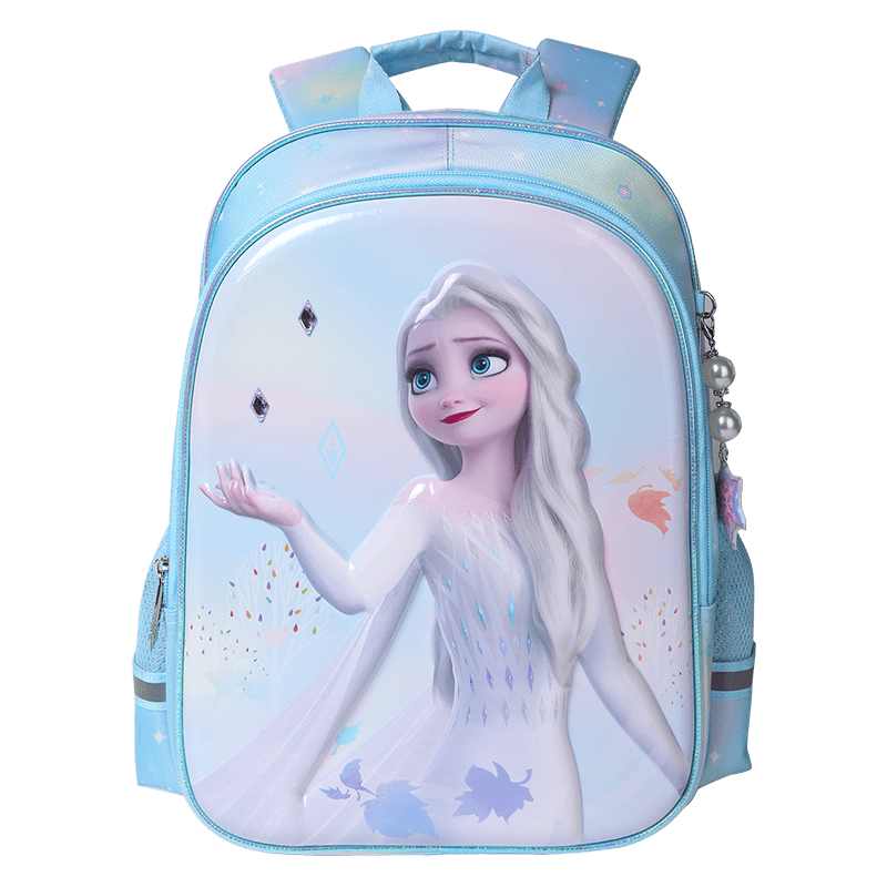 Disney Backpack for Elementary School Girls Grades 1-3, 3D Laminated High-Quality Antibacterial Breathable Shoulder Bag, Elsa Princess Blue