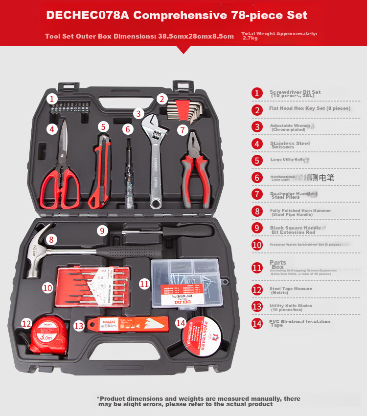DELIXI ELECTRIC Household Multi-Functional Hardware Tool Set for Electricians And Carpenters, Repair Tools Kit for Telecommunications Maintenance, 13-Piece Set 14