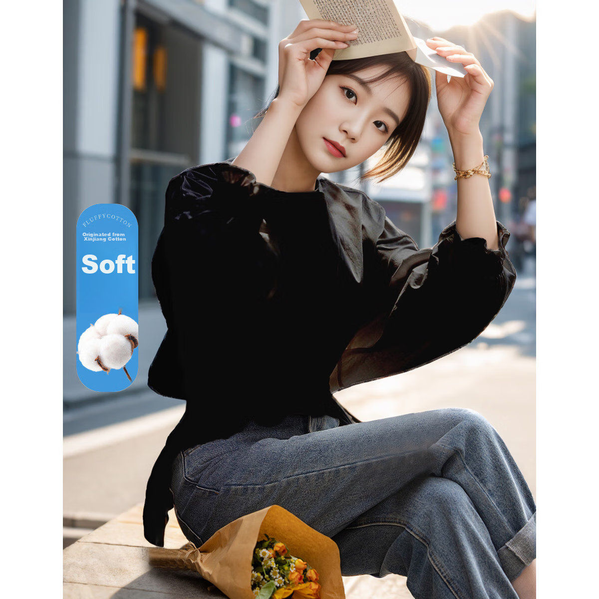 Dme [Will Breathe Cotton] Spring And Autumn French-Style Relaxed Round Neck Smock Waist-Cinching Drop Shoulder Slimming Shirt Women's Top