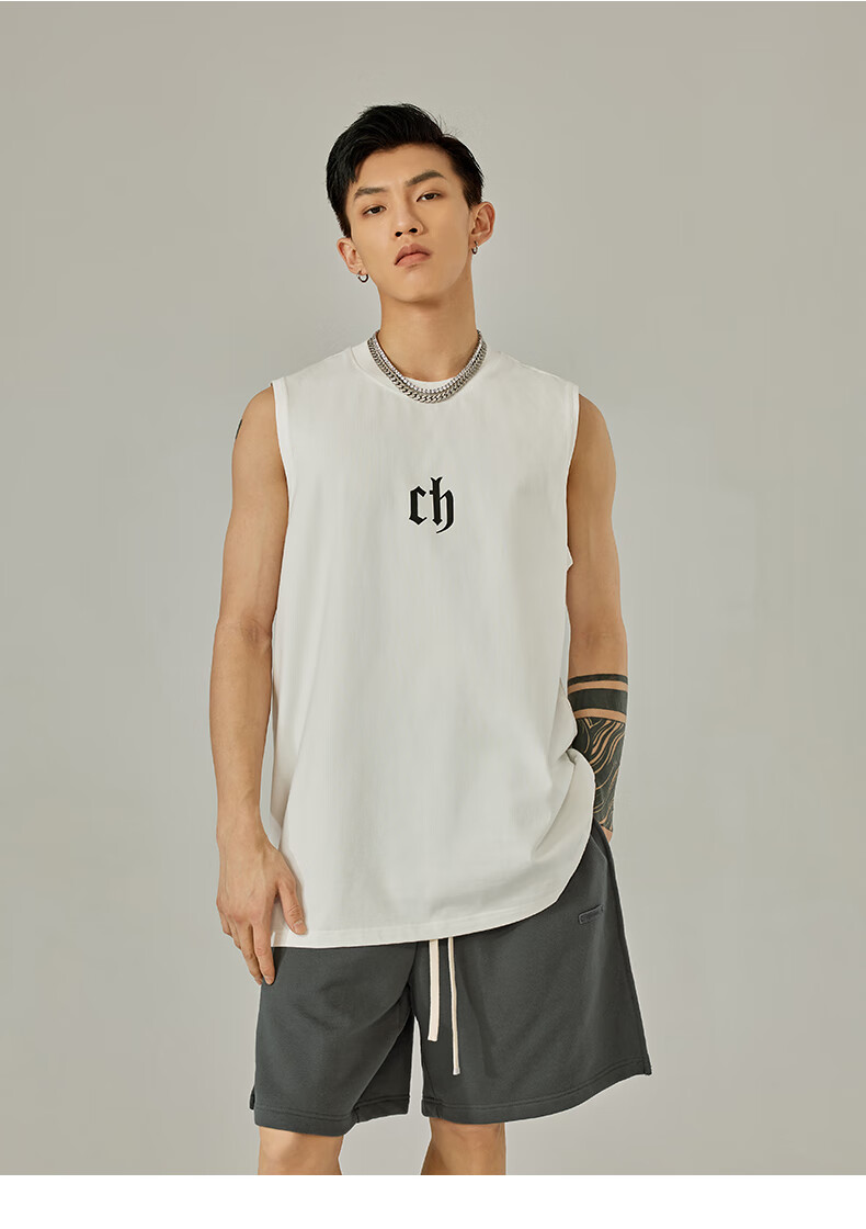 CHINISM CH Men's Vest, American-Style Pure Cotton, Casual High Street Wear, Loose-Fitting Letter Print, Breathable Sleeveless Top, CD2222T1021 20