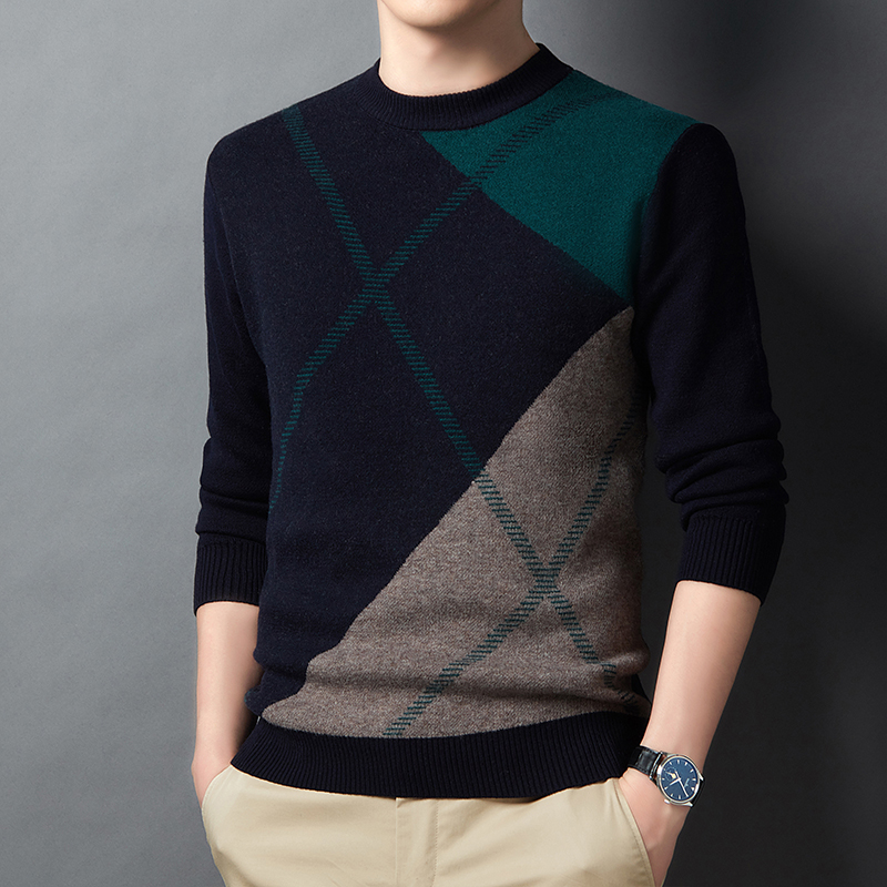 Hengyuanxiang Men's Wool Crew Neck Colorblock Pullover Sweater 08990225 Navy Blue 165/84A