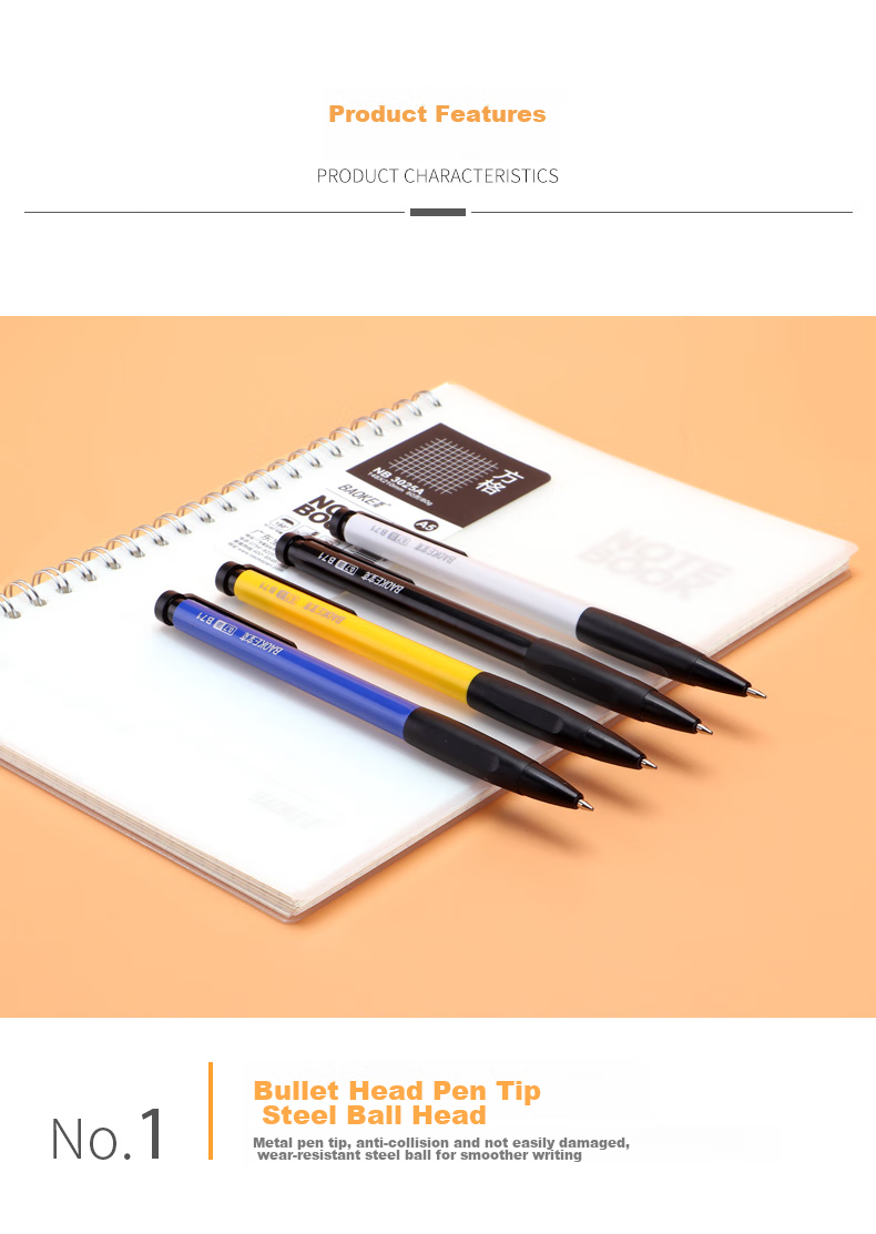 BAOKE B71 0.7mm Retractable Ballpoint Pen, Medium Oil Pen, Soft Rubber Grip, Office Supplies, Black, 60 Pens/tube 2