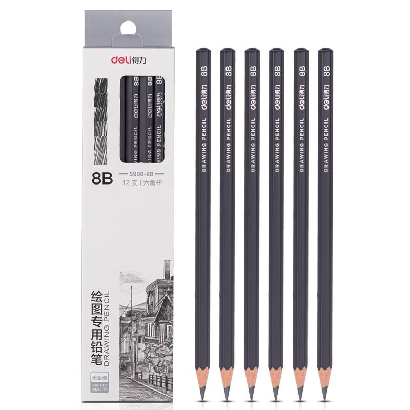 Deli Drawing Pencils, 12 Pieces, 8B Sketch Pencils, Hexagonal Barrel for Students, Black Pencils for Writing And Art Sketching, Engineering Drawing Pencils, Specialized for Beginners, School Supplies