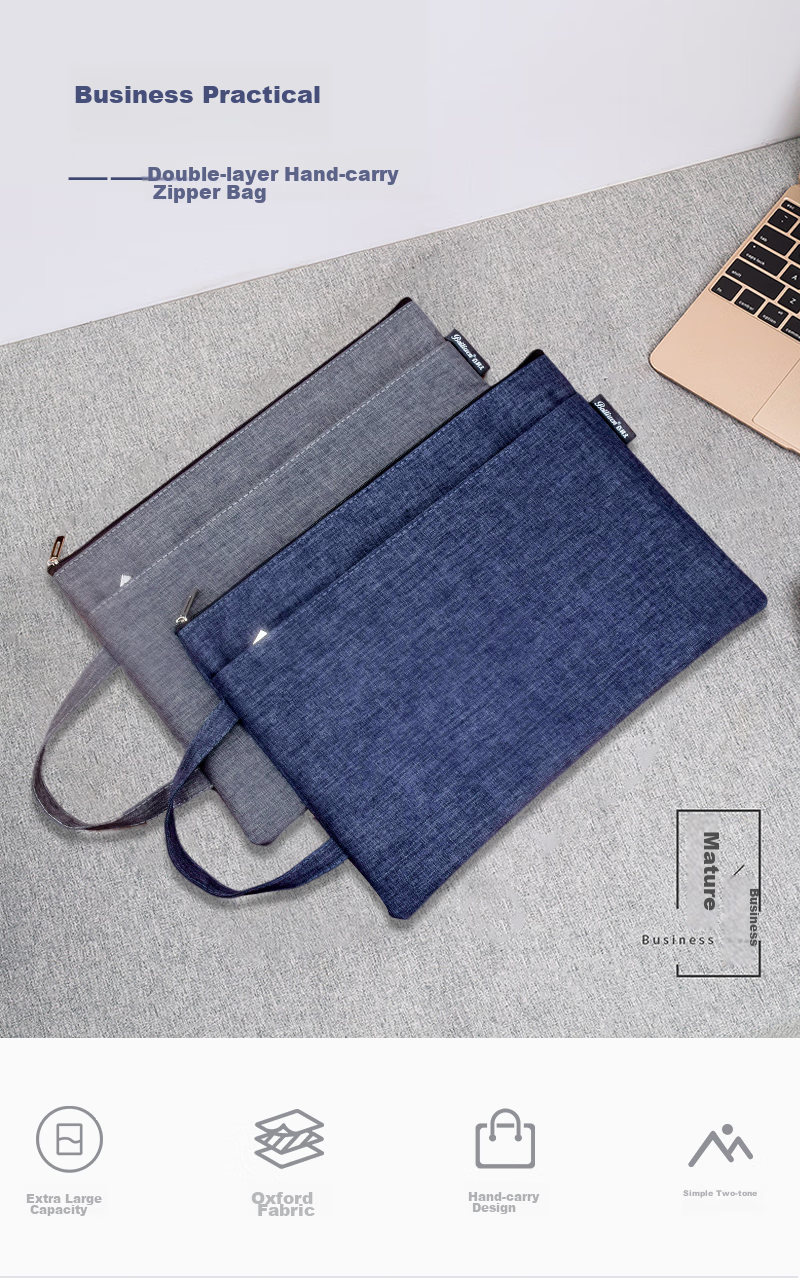 Bailiwen F5656 Gray Double-Layer Handbag with Zipper, A4 Storage Bag, Book Carrier, Tutoring Bag, Document Bag, File Bag, Book Bag with Handle 1