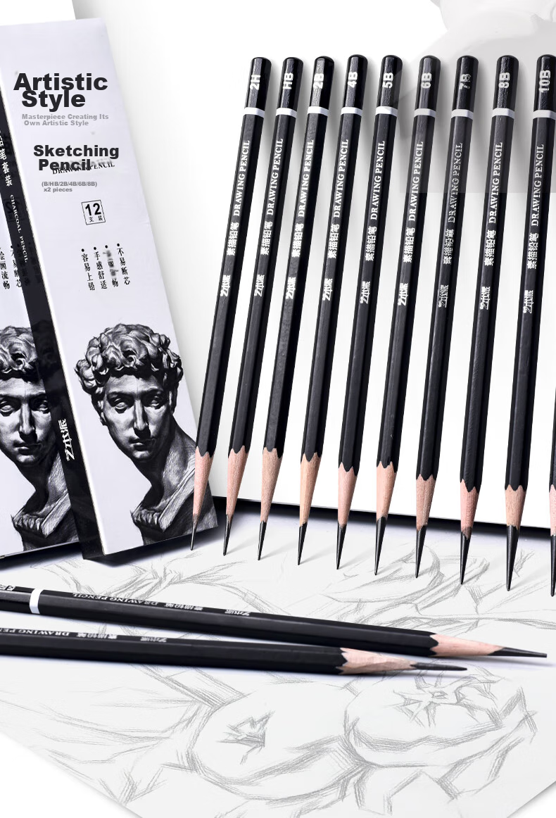 BGI-WAPM Sketch Pencils for Art Students' Exam, Drawing Landscape And Portrait, Beginner's Drawing Pencils, Model #3B, Pack of 12 3