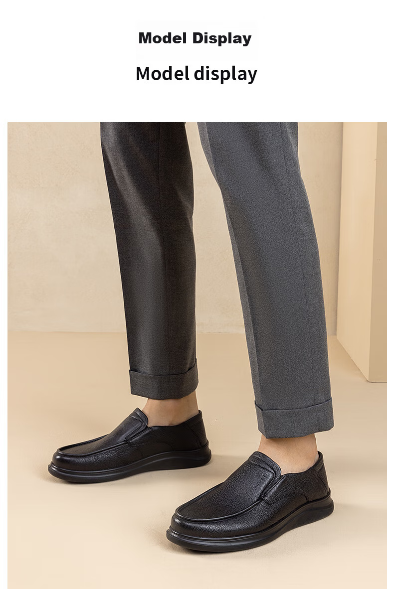 Aokang Men's Shoes, Sheepskin Men's Business Casual Round Toe Slip-On Breathable Soft-Soled Leather Shoes, Black, Size 42 8