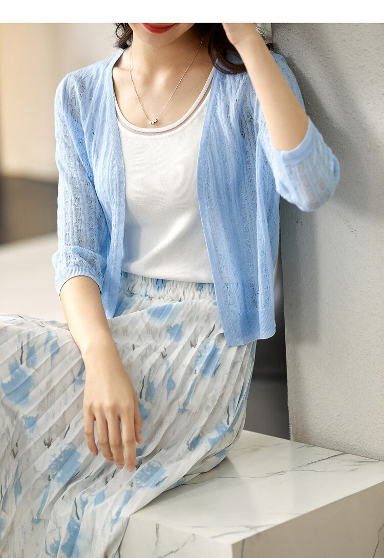 Sentubila Summer Thin Knit Cardigan for Women, V-Neck Three-Quarter Sleeve Outer Layer Air Conditioning Sweater, White, One Size Fits All 16