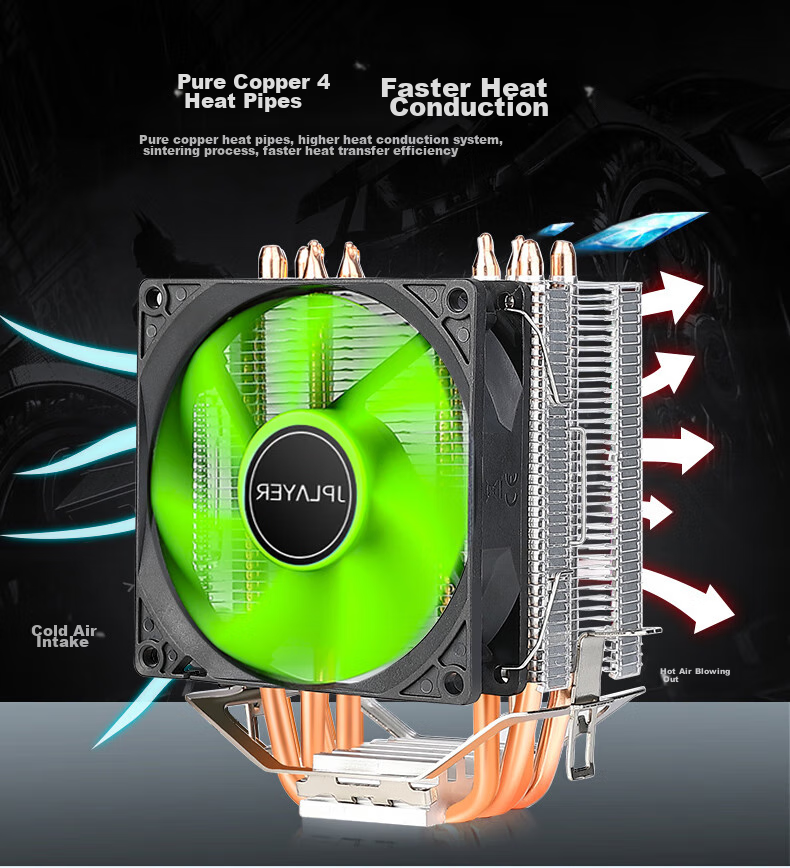 JPLAYER 4 Copper Tube 9cm Non-Glazed Fan CPU Air Cooler, Noise-Reducing Fan (AMD/Intel Multi-Platform/silicon Gel Included) 3
