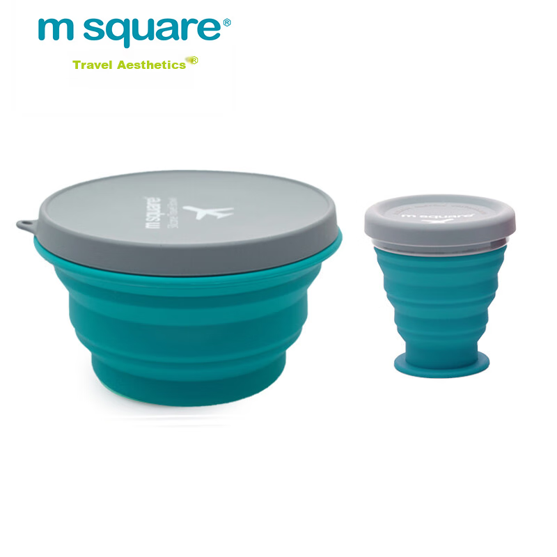 M Square Folding Bowl, Silicone Cup Bowl, Portable Travel Food-Grade Baby Bowl, Camping Picnic, Blue Medium Cup + Large Bowl