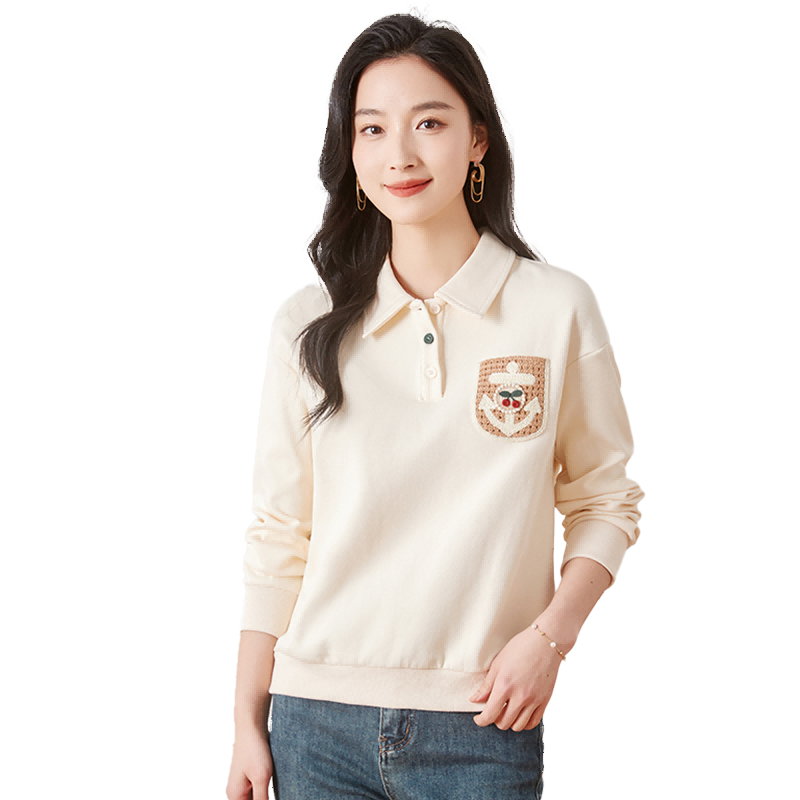 Chushen Women's Spring And Autumn Sweatshirt, College Style POLO Collar, Cherry Decoration, Loose Casual Top, S13KW1097
