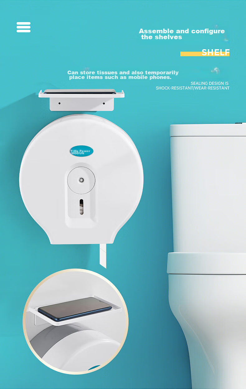 MODUN 5826 White Hotel Bathroom Large Roll Paper Box Wall-Mounted Large Dispenser Box Toilet No-Drilling Tissue Box 8