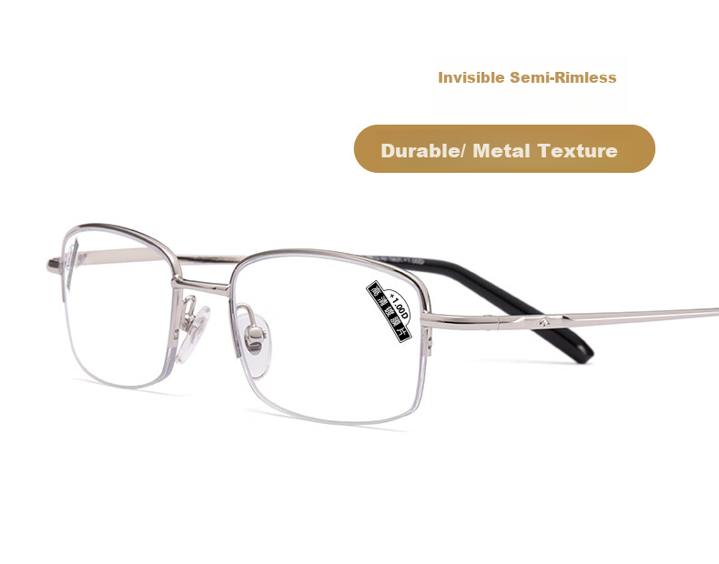 Funsonca High-Definition Green Film Semi-Rimless Metal Reading Glasses for Men And Women, Business-Style Durable Comfortable Fashion Classic Style 100 Degrees 7