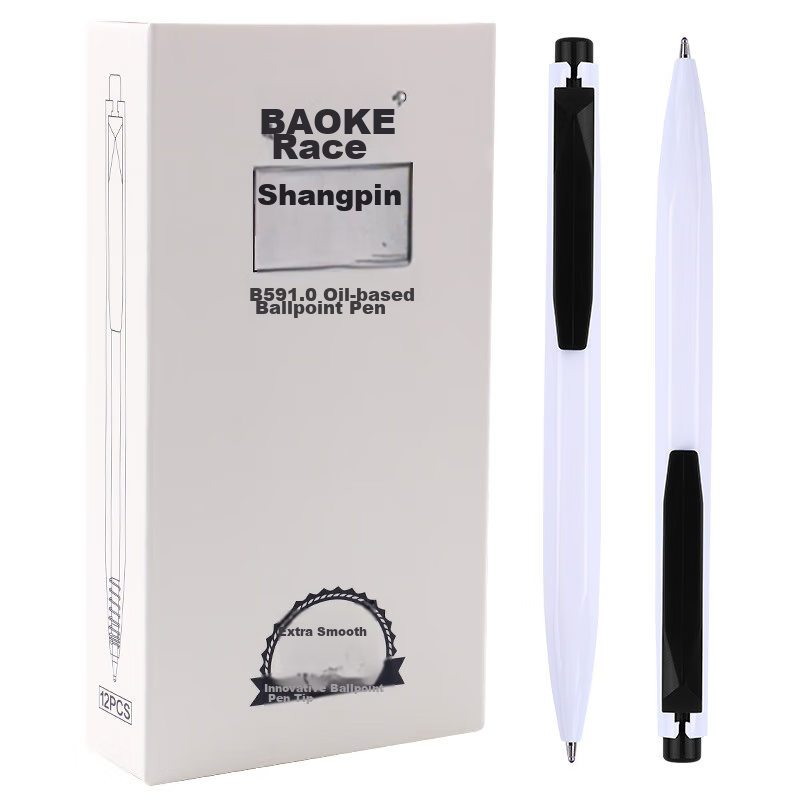 BAOKE B59 1.0mm Medium Oil Retractable Ballpoint Pen, White Barrel, Black Ink, 12 Pens/box
