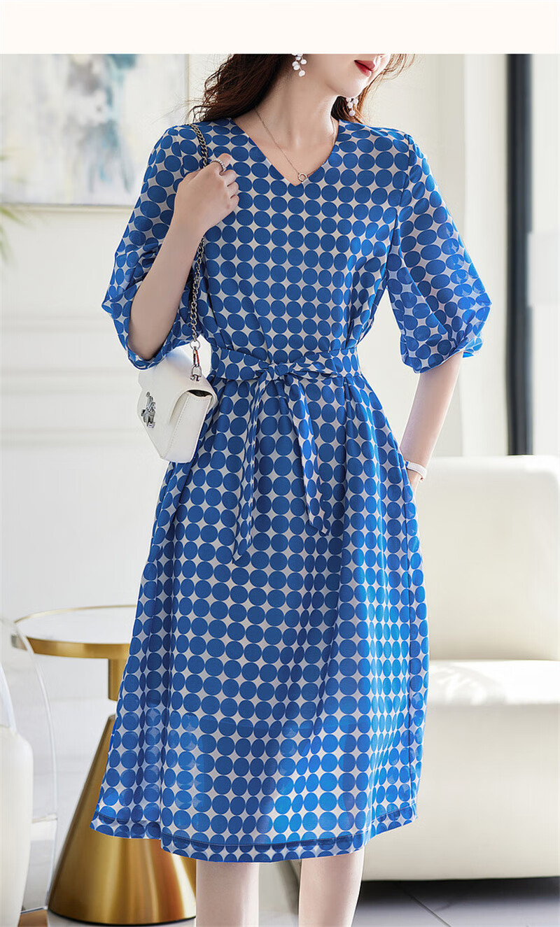 Dme Commuting Polka Dot Vintage Dress Summer V-Neck Lantern Sleeve Chiffon Mid-Length Dress for Women 19