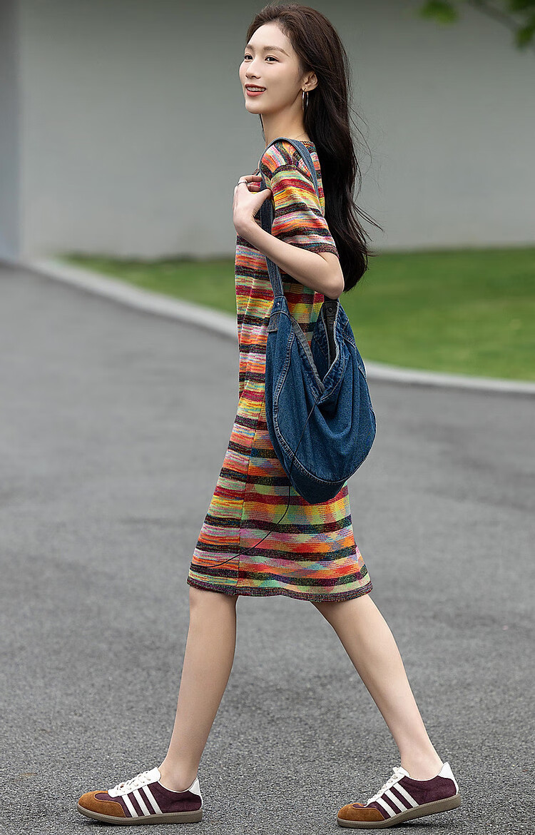 Dme [Gradient Rainbow Dress], Spring And Autumn Vintage Dopamine Stylish Round Neck A-Line Bodycon Comfortable Women's Dress 14