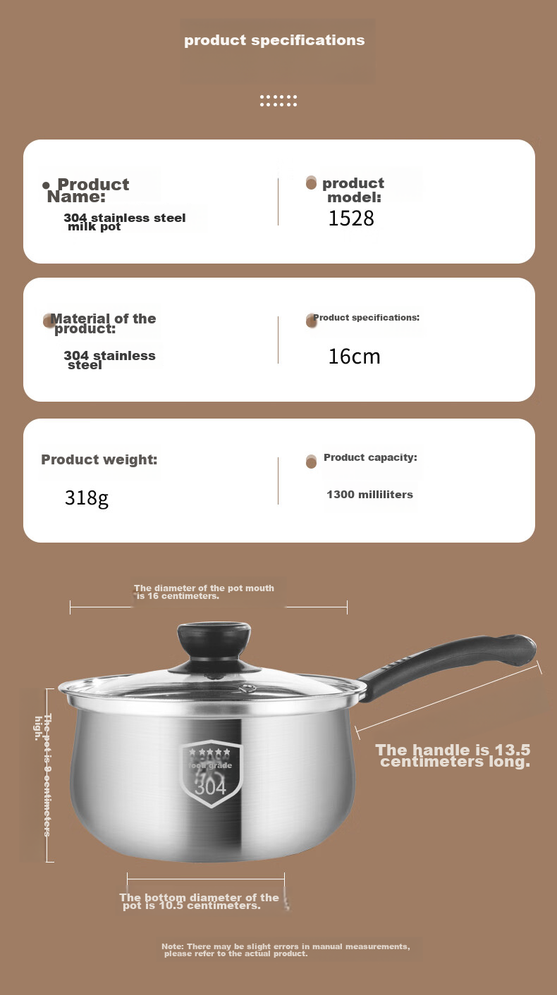 BSITN 304 Stainless Steel Non-Stick Milk Pot, 16cm Small Milk Pot, Baby Food Milk Pot, Compatible with Gas And Induction Stoves, 1528 11