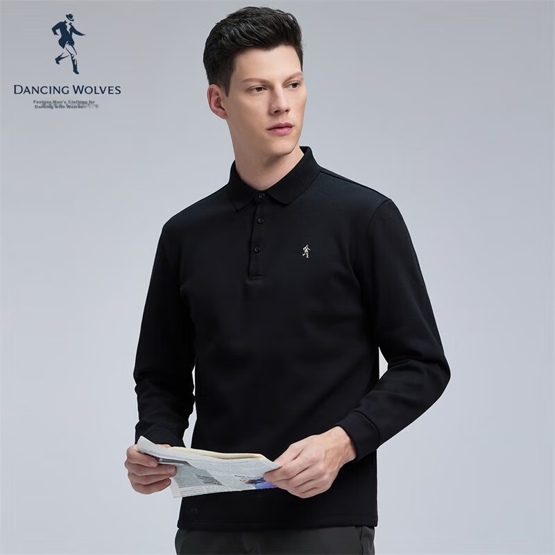 DANCING WOLVES [Fleece-Lined] Autumn And Winter Fashion Business Commute Versatile Men's Long-Sleeve POLO, 001 Black, Size 165