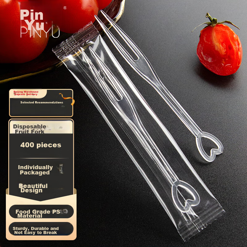 PINYU Disposable Fruit Forks, 400 Pieces, Food-Grade Fruit Picks for Children's Desserts And Pastries, Transparent Individually Wrapped