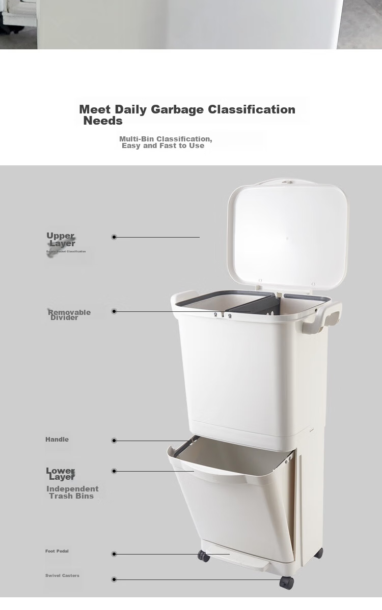 JD Original Japanese-Style Classified Trash Can, Double-Layer for Home Living Room And Kitchen, with Lid And Wheels, Movable 45L 4
