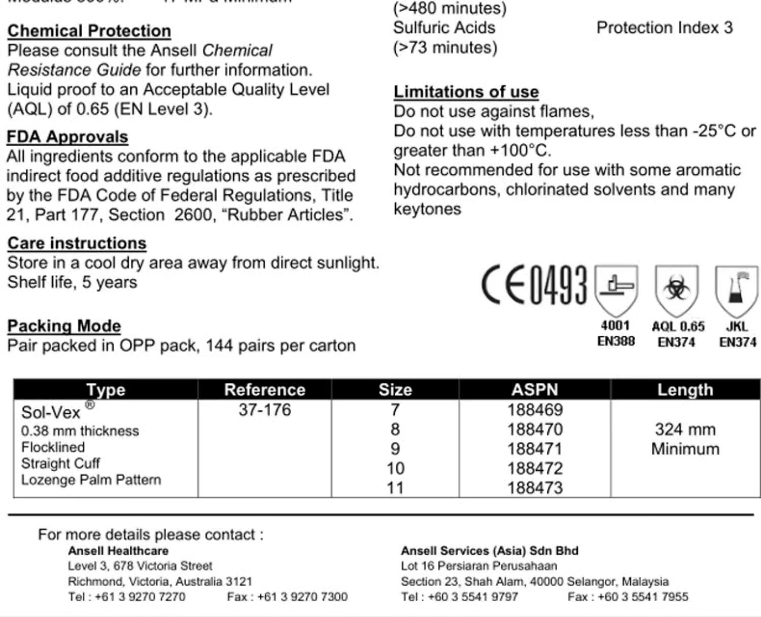 Ansell Acid And Alkali Resistant Solvent-Resistant Gloves, Oil-Resistant Industrial Protective Equipment, Nitrile Rubber Gloves 37-176 (1 Pair) 8/M 9