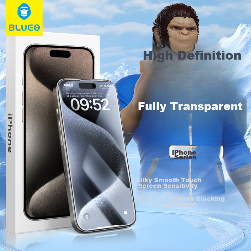 BLUEO Tempered Glass Screen Protector for Apple IPhone 15/14 Pro, Fully Transparent, Full-Screen High-Definition Anti-Drop Protective Film