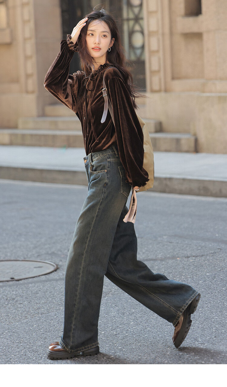 Dme [Retro Elegant Brown Shirt], Spring And Autumn Style, Silk Ribbon Collar, Velvet Blouse for Wome 22