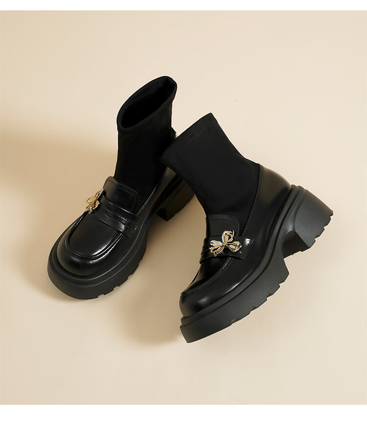 ZHR Elastic Socks And Boots for Women, Academic Style, Fleece-Lined Chunky Heel Loafers, Height-Increasing Short Boots for Women, AH579A, Black, Size 35 15