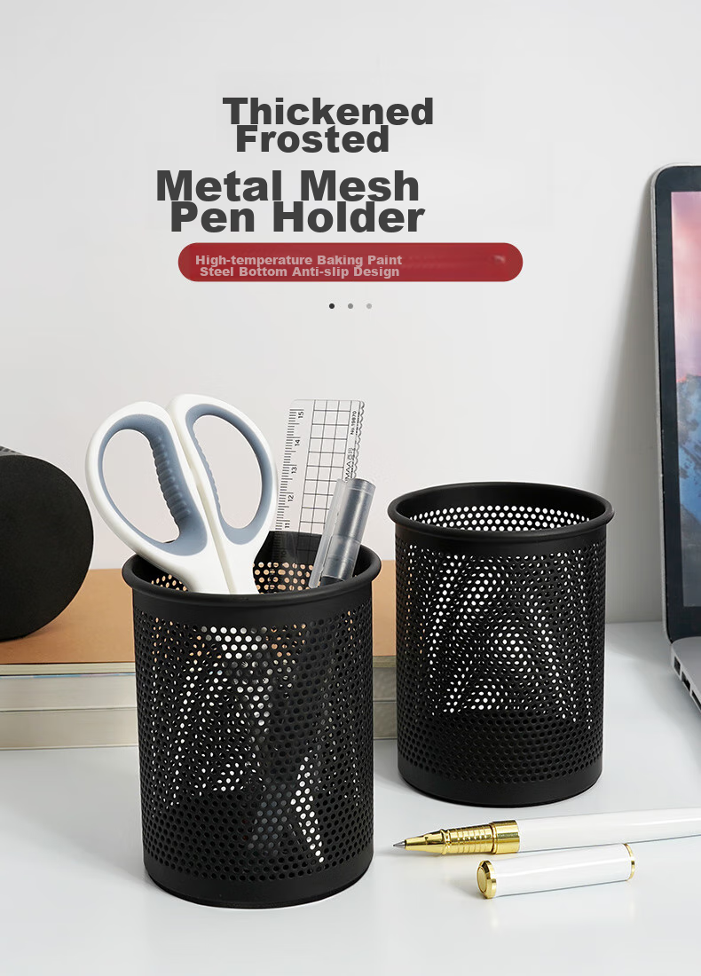 SIMAA [Dense Thickening] Metal Mesh Round Pen Holder, Simple Creative Desktop Storage Box, Office Study Supplies, Black, Single Pack, 8637 1