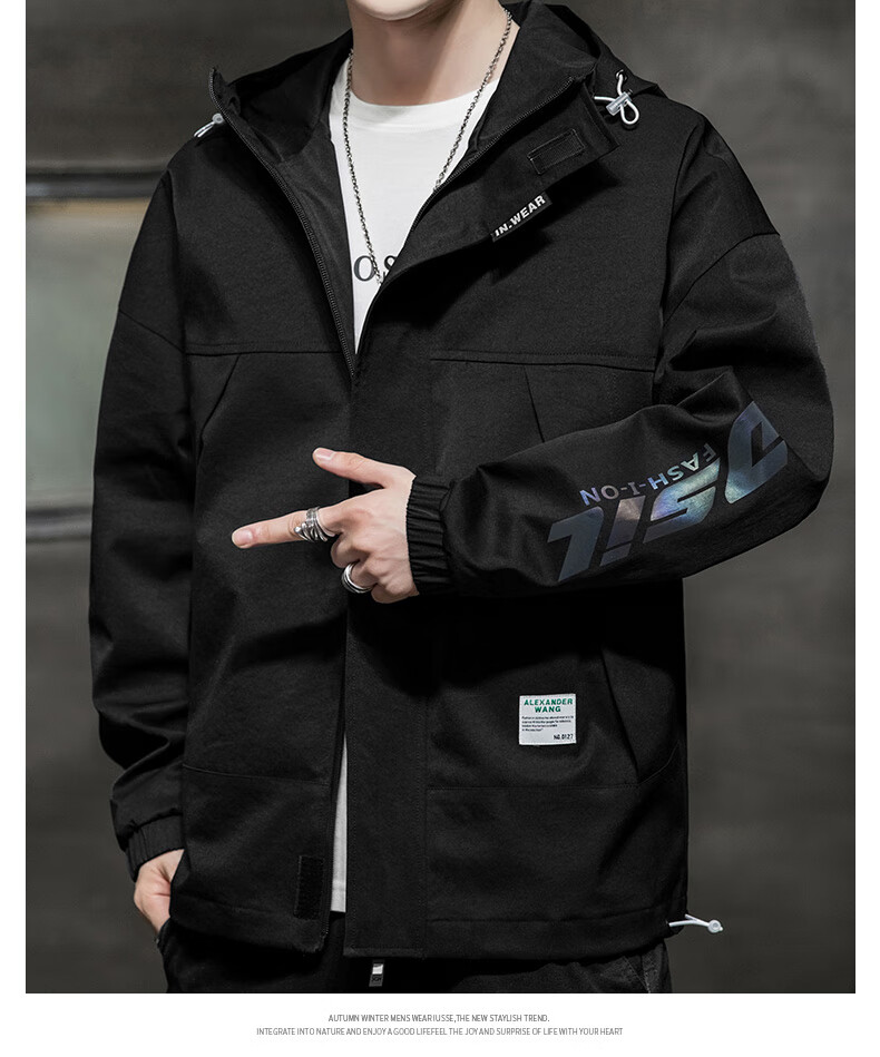 PLAYBOY Men's Jacket Outdoor Coat Casual Hooded Workwear Trendy Black - 3XL 12