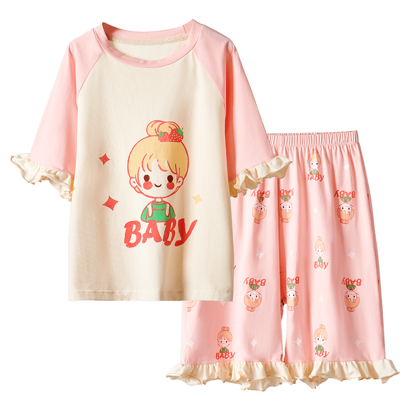 LangSha Children's Pajamas for Girls, Summer Thin Pure Cotton Sleepwear for Older Kids And Teenage Girls, Short-Sleeve Set, Pink, Size 140