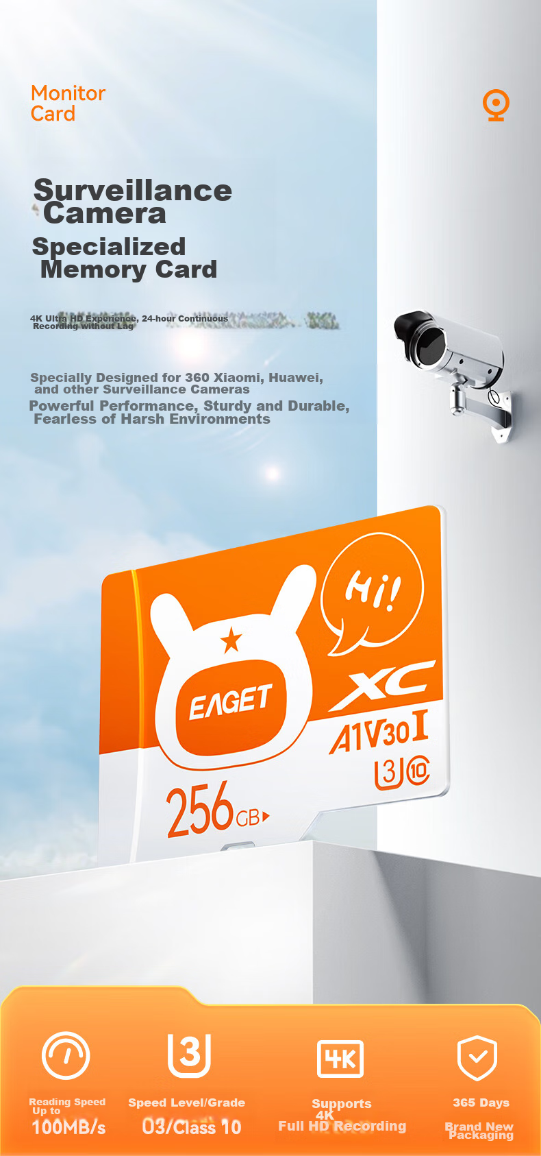 EAGET 256GB TF (MicroSD) Memory Card A1 U3 V30 C10 Dash Cam & Compatible with Xiaomi Surveillance Camera Memory Card, Upgraded Durable 2