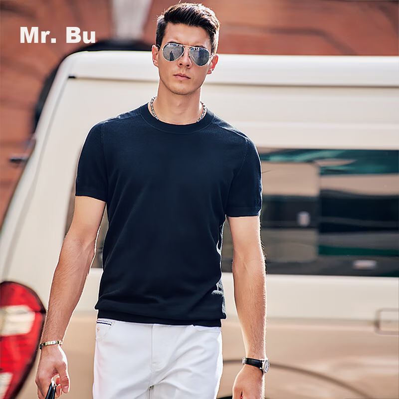 Mr.Bu Celebrity Style Men's Knitted Solid Color Short Sleeve T-Shirt Basic Shirt
