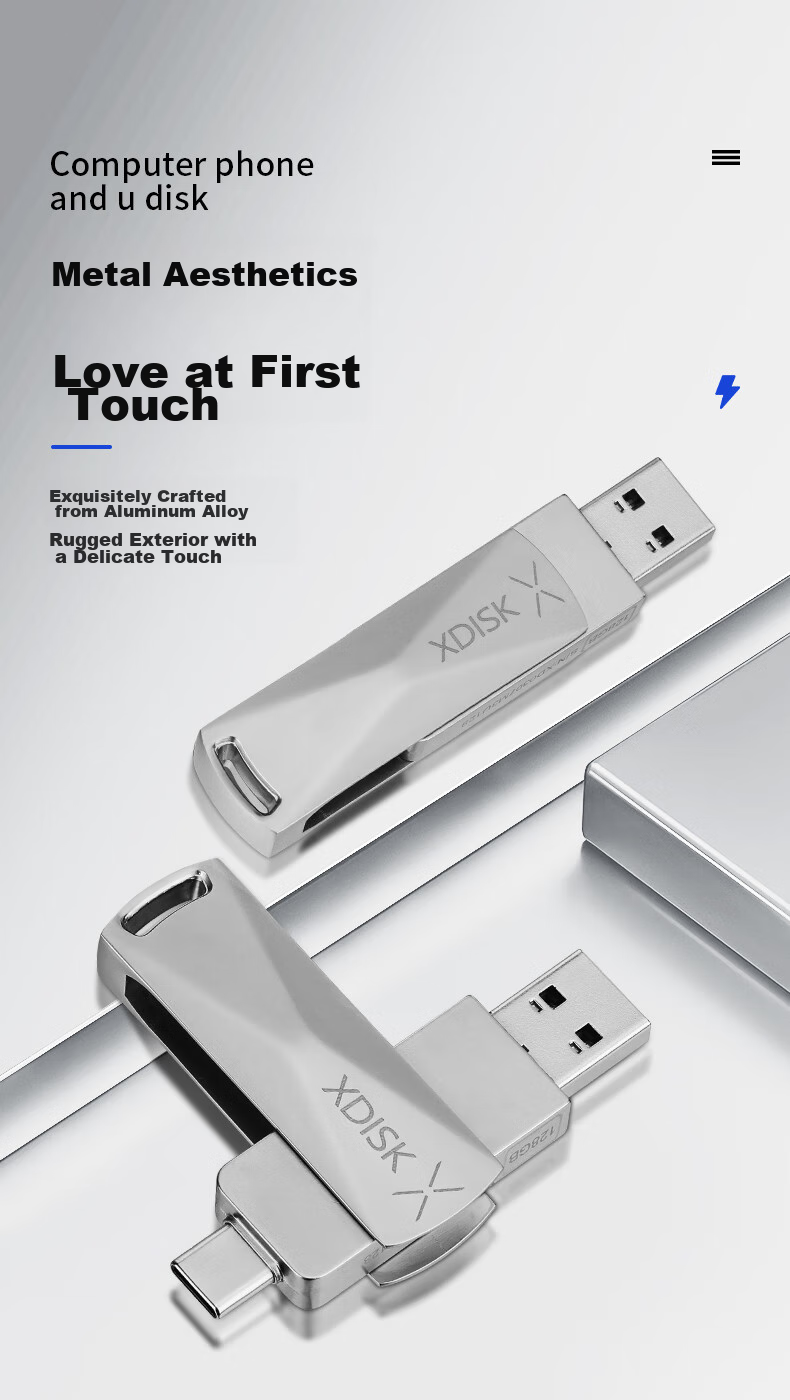 Xiaopan (XDISK) 128GB Portable Solid State USB Flash Drive, USB3.2 Gen2 Type-C Dual Interface M8 Bright Gray High-Speed Flash Drive, Large Capacity, Read Speed 550m/s, Computer And Phone USB Drive 9