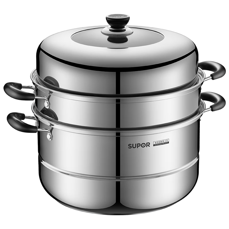 SUPOR Steamer Pot, Authentic Flavor Stainless Steel Double-Layer Base 30cm Fish Steaming Pot with Raised Lid And Steamer Basket EZ30BS04