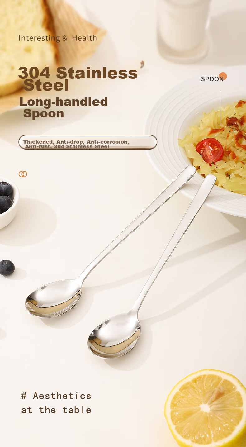 CAIZHI 304 Stainless Steel Spoons, Large Household Soup Spoons, Eating Spoons, Long-Handled Round Spoons, Set of 2, CZ6800 1