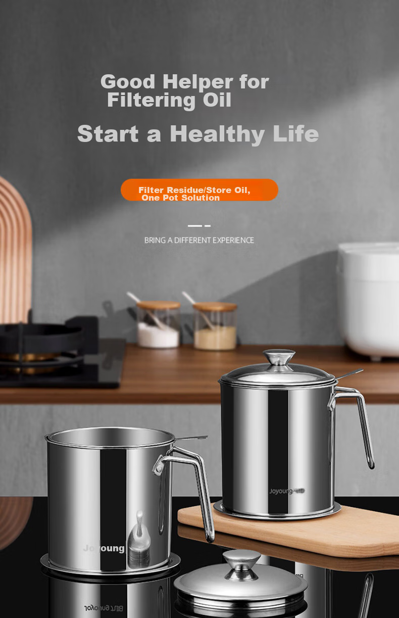 Joyoung Oil Dispenser, 304 Stainless Steel, Household Oil Strainer, Oil Storage Bottle, Kitchen Essential Tool, 1.8L 2