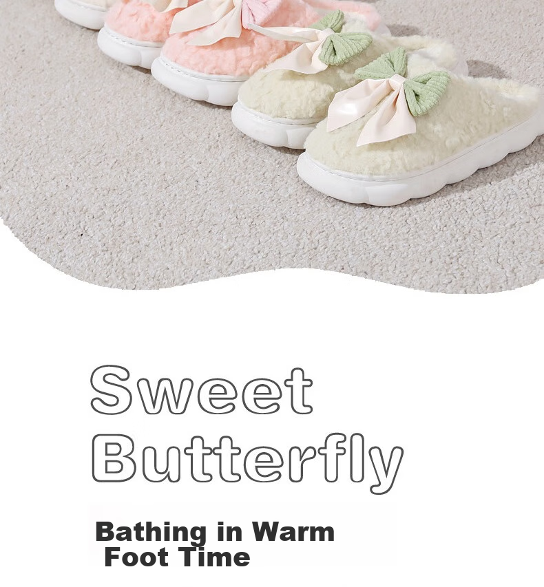 Huameijianbu Butterfly Bow Women's Cute Warm Thick-Soled Home And Outdoor Cotton Slippers HM298 White Size 40-41 2