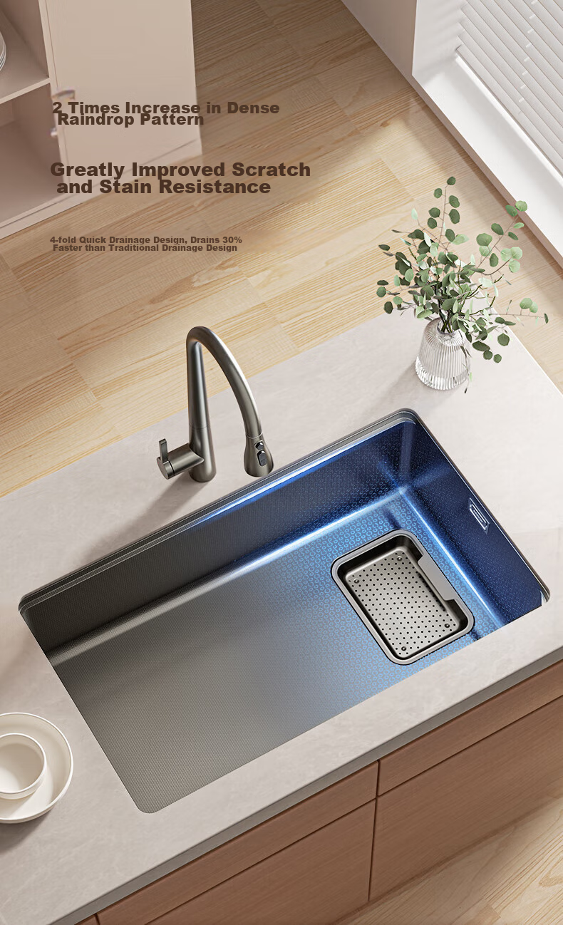 ARROW Kitchen Sink, Large Single Basin, 304 Stainless Steel Vegetable Washing Sink, Integrated Basin, Single Basin, Gunmetal Gray, Rain Drop Textured 7