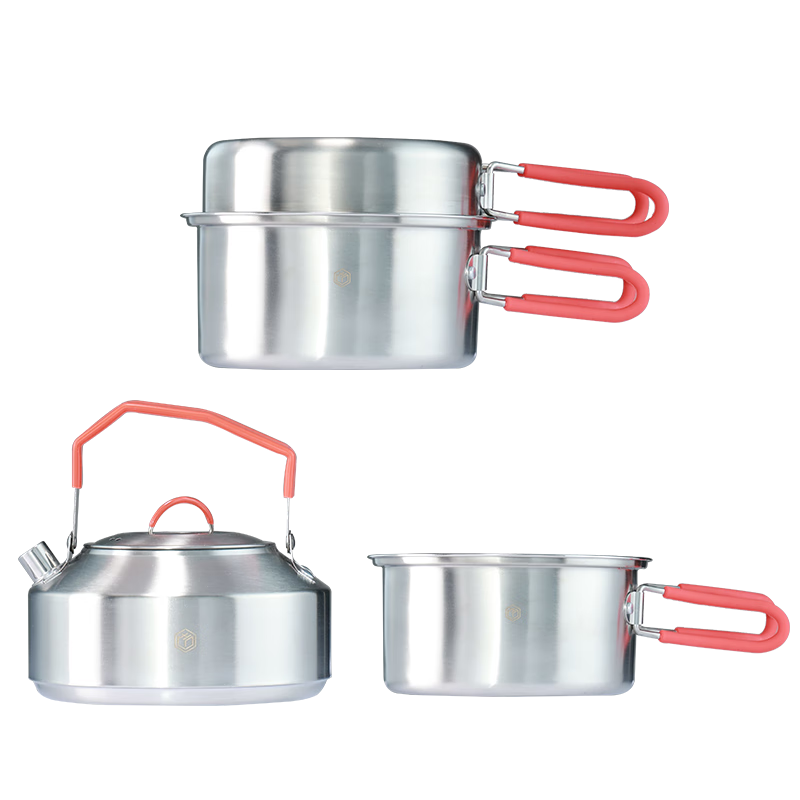 JD Original 304 Stainless Steel Kettle Cookware Set, Outdoor Camping Equipment, Portable Cooking Gear with Bag, Three-In Pot Set