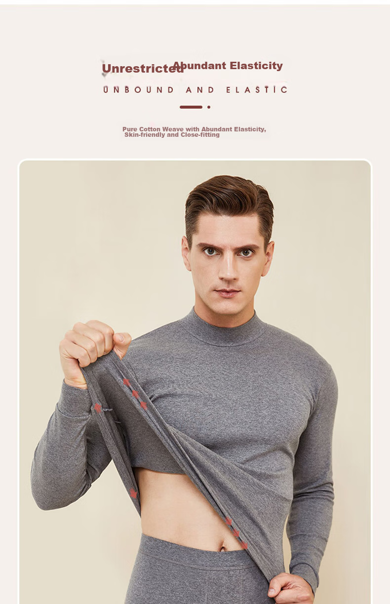 LangSha Men's Autumn Underwear Set, 100% Pure Cotton, Medium to High Collar, Antibacterial Base Layer, All-Cotton Sweater, Men's Thermal Underwear 10