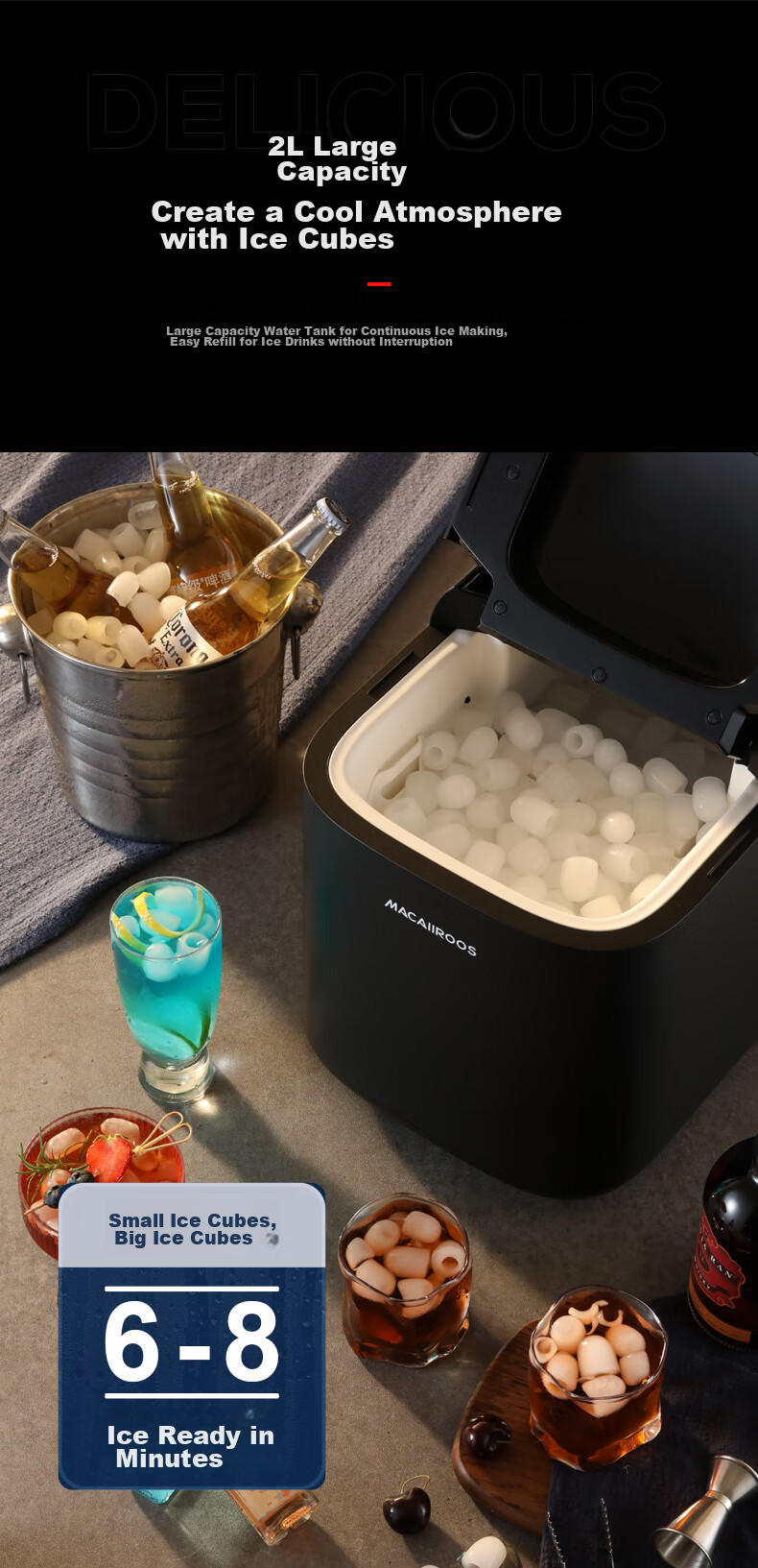 Macaiiroos Ice Maker, Home Mini Automatic Bullet Ice Machine for Dormitory, Smoothie, Cocktail, Milk Tea Shop, Street Vending, Ice Bar, Round Ice Cube Maker 7