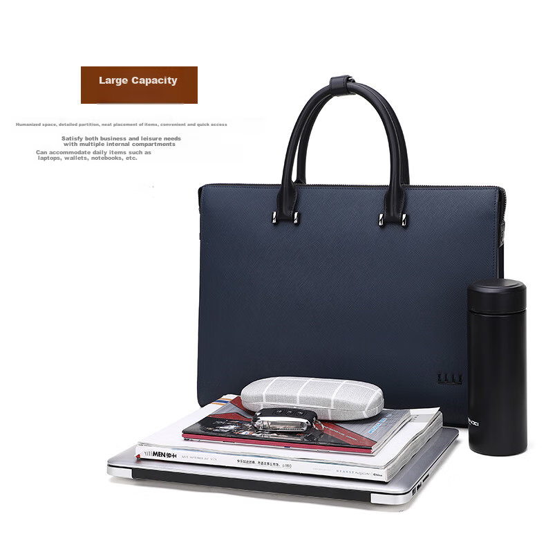 ELLE HOMME Men's Business Briefcase, Stylish Horizontal Cowhide Handbag, Large Capacity Laptop Bag for Men EA088208911 Blue 10