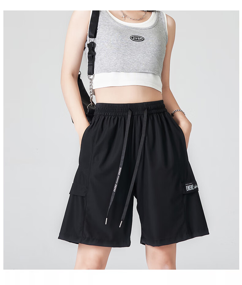 XUEXIMAN Women's Sports Shorts, Summer Lightweight Loose Straight-Leg Cargo Shorts, High-Waist Quick-Dry Wide-Leg Black Mid-Length Shorts 20