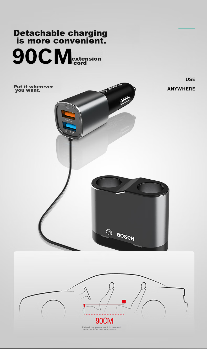 BOSCH PS500 Car Charger Cigarette Lighter Power Supply Dual/Three Multi-Functional USB Fast Charging 12/24V 3