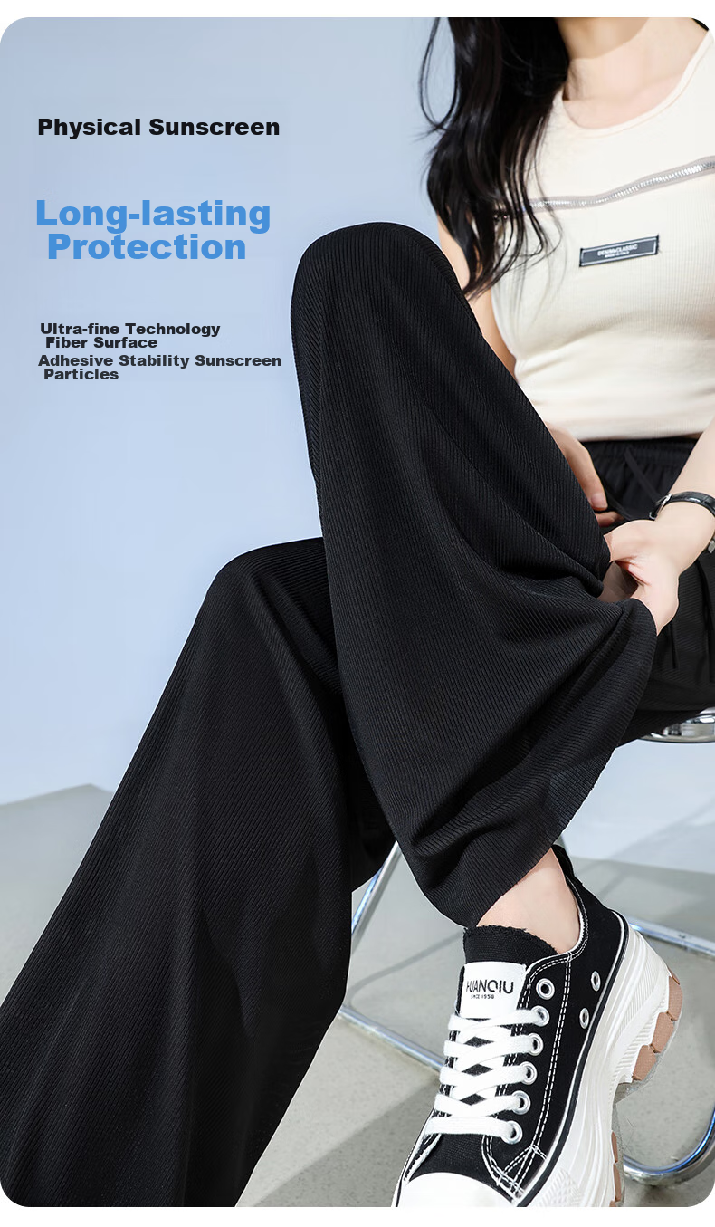 FitonTon Ice Silk Wide-Leg Pants for Women, Summer Lightweight High-Waist Draping Trousers, Loose Straight Casual Floor-Length Pants, Black, Size S 9