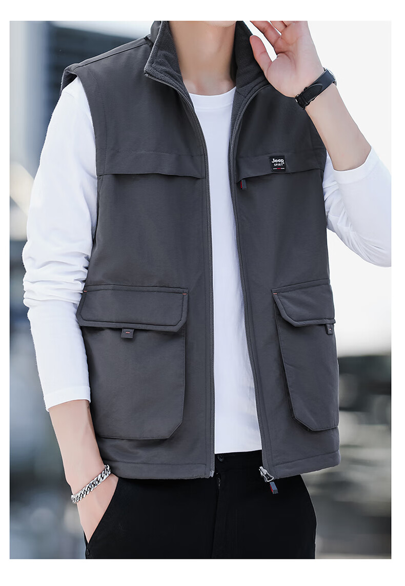 JEEP SPIRIT Fleece-Lined Casual Vest for Men, Spring And Autumn Wear, Two-Way Vest, Workwear Jacket, Khaki, 2XL 1