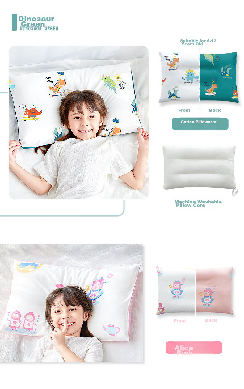 Pilu Children's Pillow, Cotton Filling, Machine Washable, for Students Aged 6-12, Breathable Pillow for Dormitory, Alice Pink, 40*60cm 13