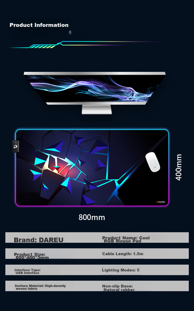 DAREU Professional Gaming Cool RGB Light-Up Mouse Pad, Large Size 800*400*3mm, USB Interface, Smooth Desk Mat, PE-T84 for VALORANT 8