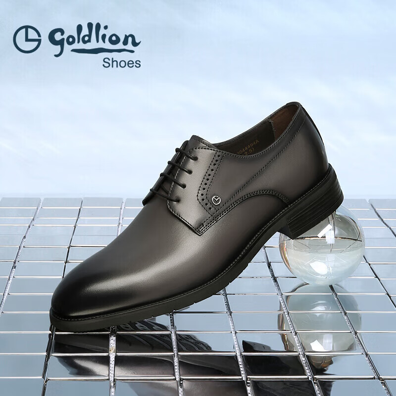 Goldlion Men's Shoes, Business Formal Shoes, Retro Classic Hand-Rubbed Cowhide Derby Shoes, 55013044494A, Black And Gray, Size 41